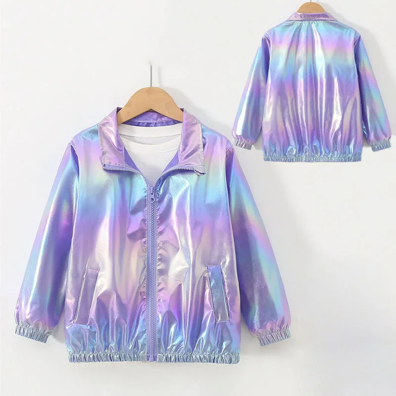Boys Girls Autumn Jackets Kids Spring Style Colorful Glossy Coats Zipper Lapel Waterproof Outerwear Children Casual Clothes