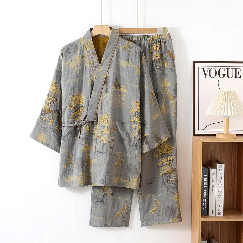 Men's Spring and Autumn Kimono Robes with Long Pants Pajamas Set Home Clothes Cotton Loose Pijama Masculino Clothes