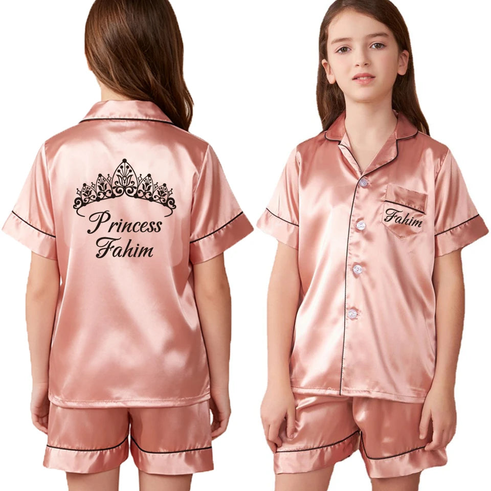 Custom Name and Date Children Pajama Silky Satin Pajamas Flower Girl Personalized Happy Birthday Pajamas Kids Princess Pajamas