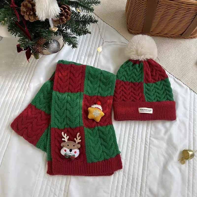 Kids' Christmas Knitted Wool 2in1 Scarf & Beanie Set - Winter Warm, Festive Decor, Unisex
