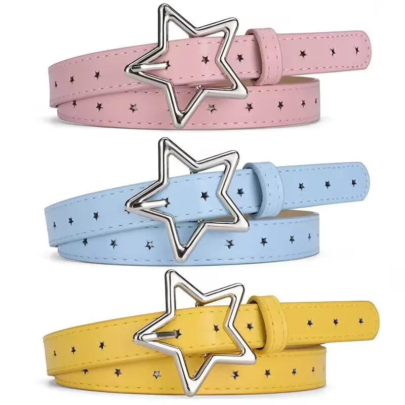 1.8x93cm Children Kids Five-pointed Star Metal Snap PU Leather Belt Girls Boys Silver Buckle Waistband Pants Decor Waist Belt