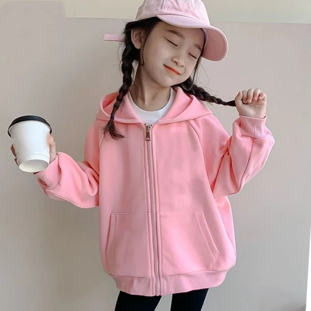 Zipper Style Hoodies Coat for Boys and Girls Pink Children Age 3-12 Kids Kawaii Sweatshirt Festival Gifts Solid Color New