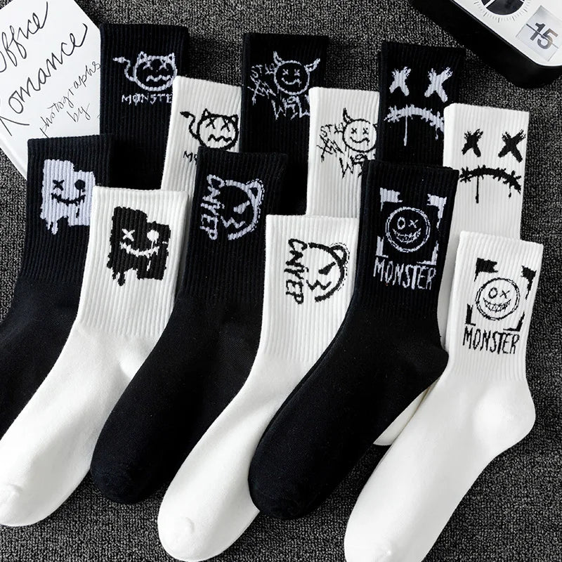10 Pairs of Men Mid-Length Socks with Graffiti Funny Faces Unique Street Trends Moisture Wicking and Sweat Wicking