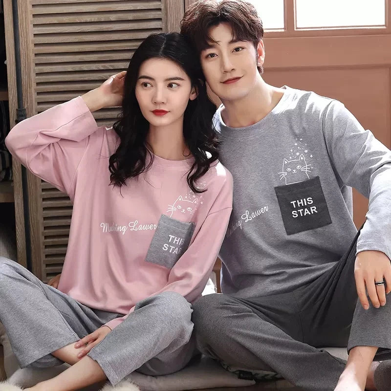 Cartoon Cute Pajamas Set For Women Men Cotton Couples Homewear Autumn Spring Long Sleep Tops Pant Nightwear Mujer hombre