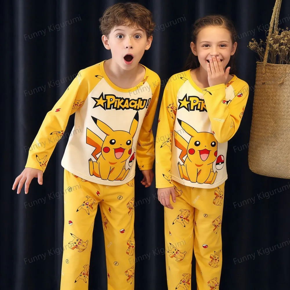Cartoon Pijamas for Kids 3 to 5 7 9 11 13 Years Clothing Sets Boys Home Wear Girls Full Sleeve Pikachu Pajamas Teen Loungewear