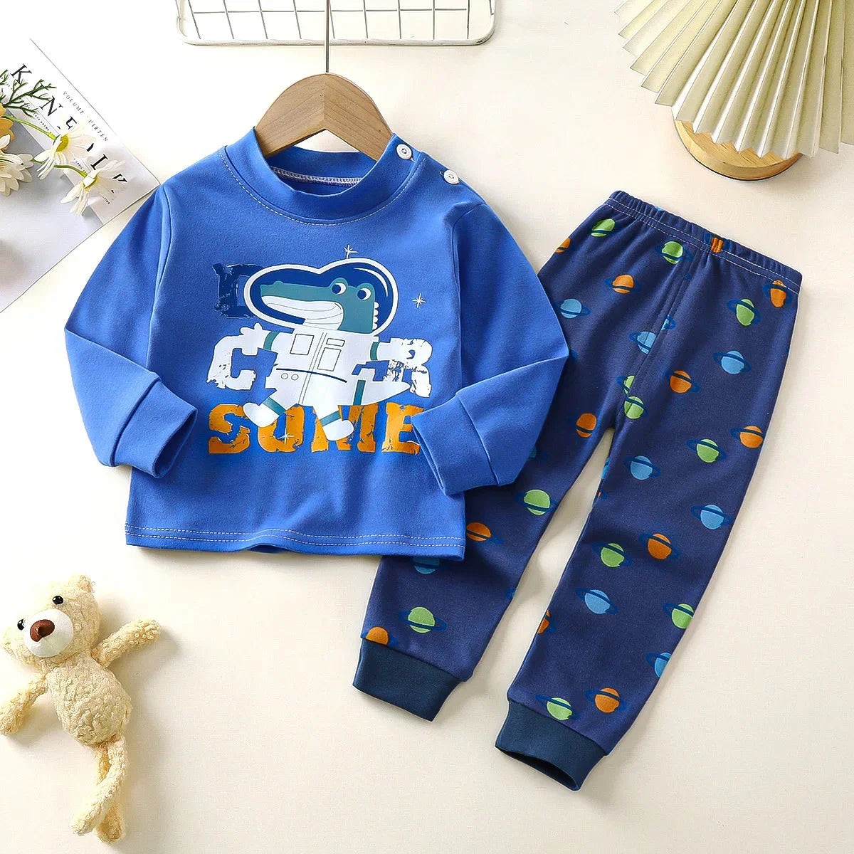 Boys Girls Autumn Pure Cotton Pajamas Kids Cartoon Print Long Sleeve T-Shirt Tops + Pants Pyjamas Baby Underwear Clothing Sets