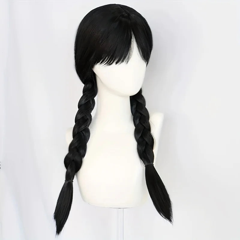 Wednesday Wig‌ Women'S Long Black Braided Synthetic Wig With Bangs, 2 Braided Ponytails For Halloween Cosplay, Party & Everyday