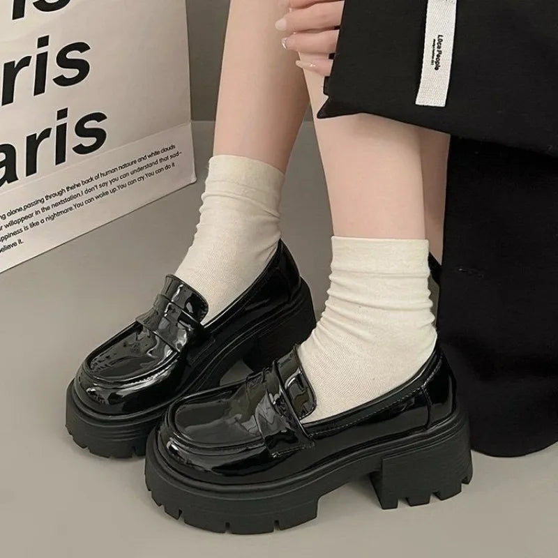 Women's Marry Jane Loafers Shoes Spring Autumn Platform Shoes Slip-on Loafers Fashion PU Leather Shoes Women Flats Black