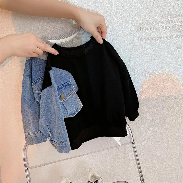 Boys Denim Sweatshirt Kids Stitching Sleeved Loose Sweater Casual Hoodies 2025 Spring Autumn Children's Street Style Clothing