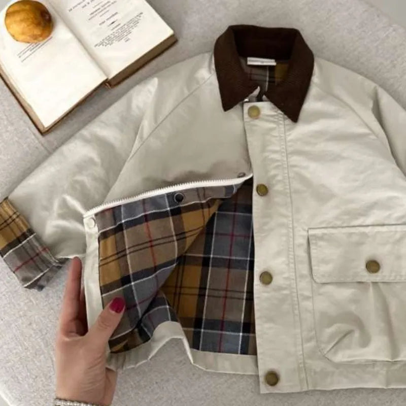 Spring Autumn Kids Boys Jacket Plaid Spliced Pocket Long Sleeve Toddler Boys Outerwears Coat Children Boys Jacket