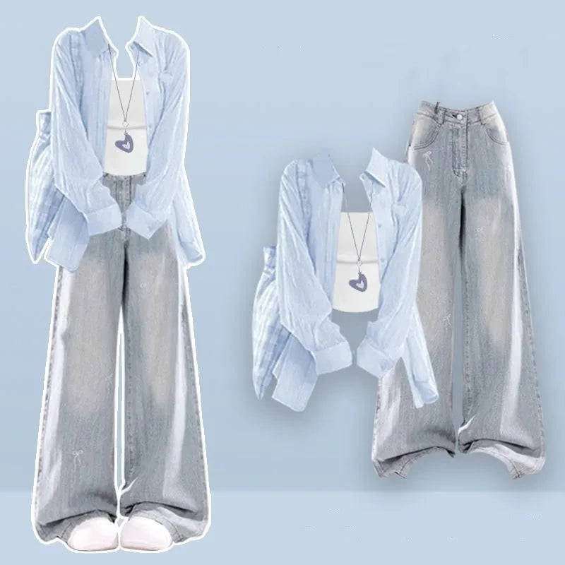 2026 Summer New Korean Elegant Denim Pants Matching Set Women's Fashion Sunscreen Shirt+Strap+Loose Wide Leg Jeans 3-Piece Suit