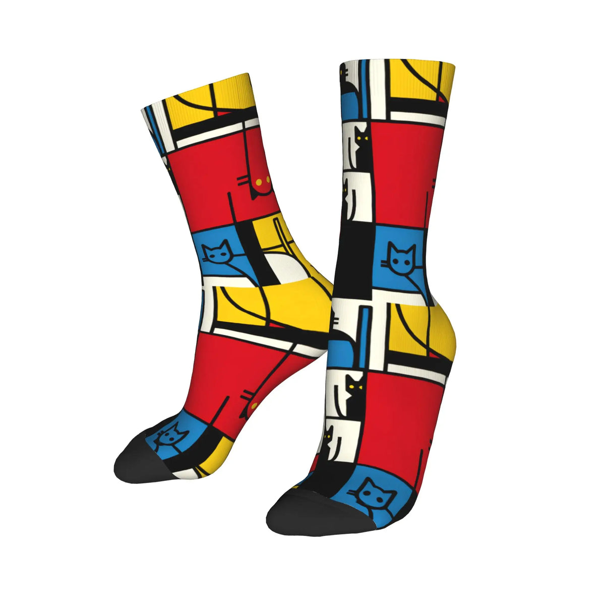 Custom Color Art Retro Mondrian Men Women Crew Socks Unisex Fashion 3D Printed Abstract Art Plaid Dress Socks