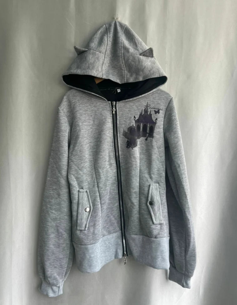 Y2k Aesthetic Vintage Printing Pocket Hoodies Gothic Fairy Grunge Hooded Jackets Autumn Women Double Zippers Punk Sweatshirt