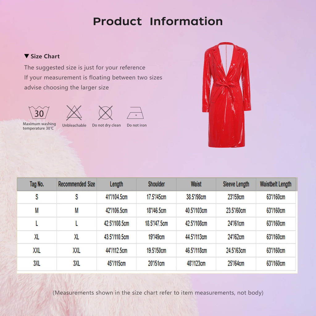Women Wet Look PU Leather Long Trench Coat Blazer Lapel Open Front Long Sleeve Jacket Overcoat with Belt Streetwear Clubwear