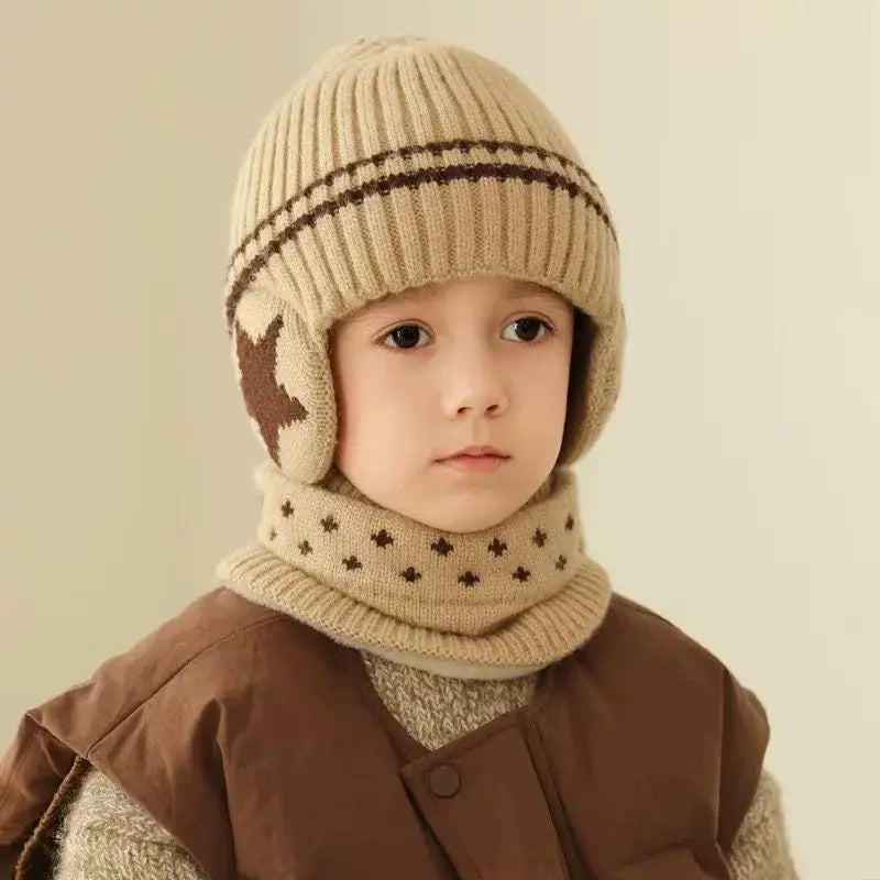 1 Set 1-10Y Children Baby Boy Winter Knit Gloves Hat Scarf 2pcs Suit Outdoor Windproof Fleece Warm Kids Ring Beanie Hat For Boys