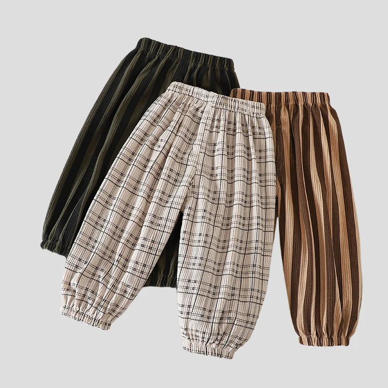 Vintage Checkered Striped 1-7Y Kids Pants Autumn Corduroy Textured Toddler Cropped Trousers