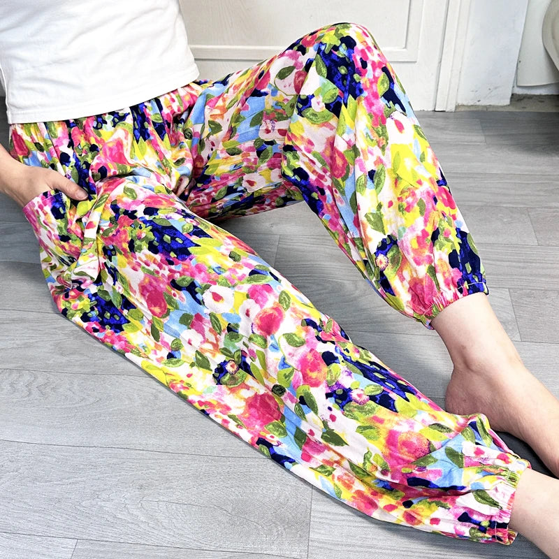 Cool Summer New Silk Cotton Spwear Loose Women's Wide Leg Pants Home Wear Floral Print Heat Resistant Comfortable Casual T...