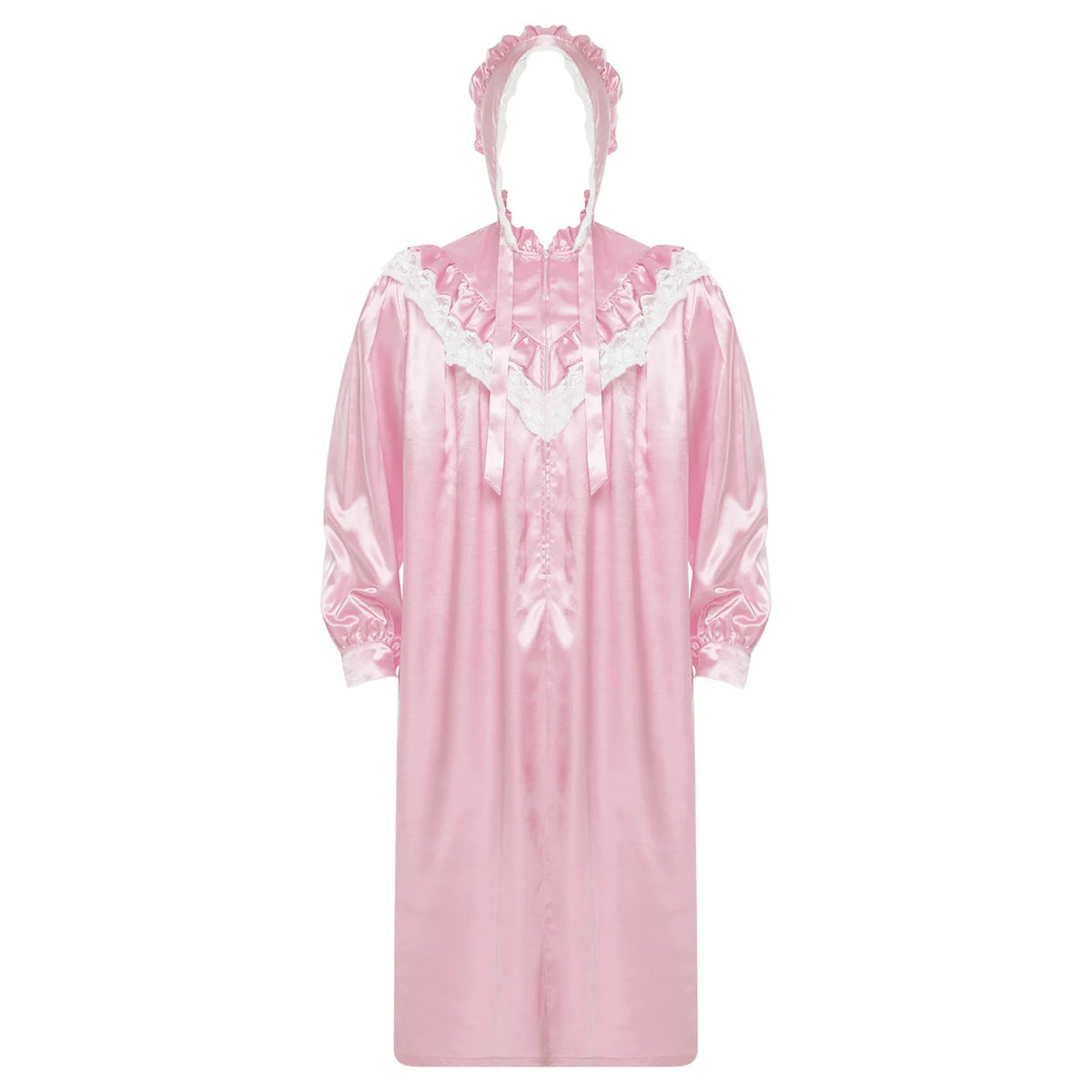 Mens Pajamas Party Vintage Victorian Style Nightgown with Hat Set Ruffled And Lace Trim Long Sleeve Front Zipper Sleep Dress