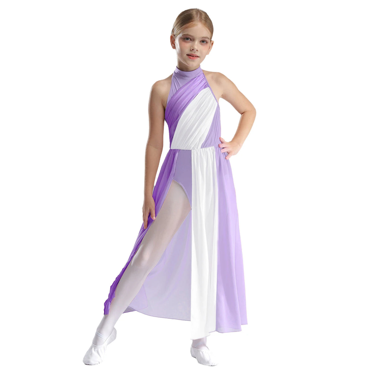 Kids Girl Lyrical Dance Dress Mesh Split Gymnastics Leotard with Skirt Modern Contemporary Dance Costume Worship Praise Dress