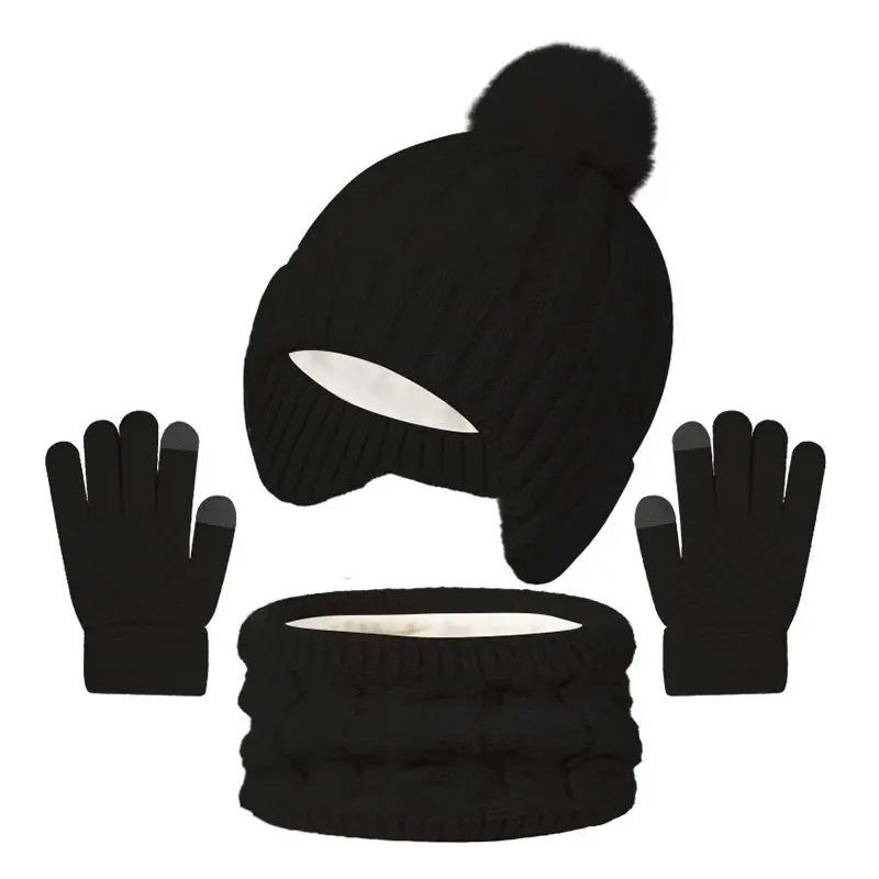 3Pcs/set Children Hat Scarf Gloves Winter Plush Velvet Knitted Hats for Girls Boys Cute Pompom Beanie Kids Warmer Accessories
