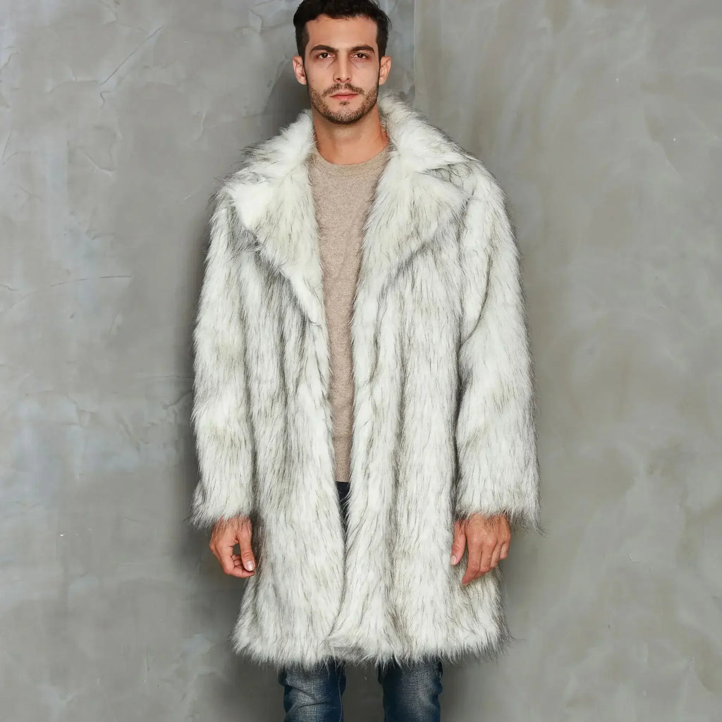 Men's Coat Warm Faux Fur Loose Autumn Winter Brown Long Coats Turn Down Collar Sleeve Men High Waist Maxi Elegant Jacket