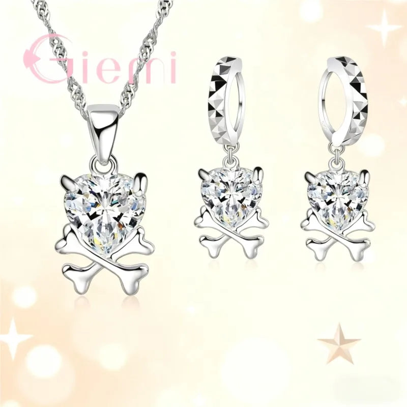 Women Cute cartoon shape Jewelry Sets 925 Sterling Silver Fashion Pendant Necklace Earrings Crystal Wedding Accessories
