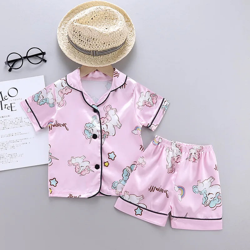 Unicorn Baby Girls Pajamas Clothing Set Summer New Cartoon Pattern Lapel T-shirt+Short Pants 2Pcs Suit For 1-5Y Kids Home Wear