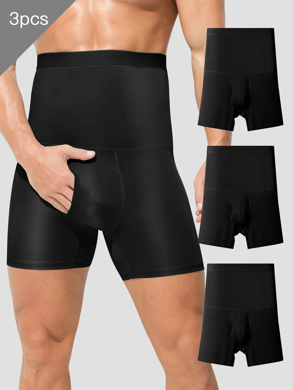 3PCS Men's sports underwear: high-waisted, belt-cinching, lengthened, anti-leg chafing, waist-protecting, flat-angle shorts