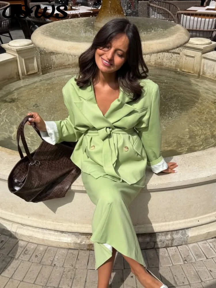 Elegant Solid Women's Blazer Skirts Suit Full Sleeve Lapel Belt Coat Slim Long Skirt Lady Set 2026 Autumn Office Green Set Lady