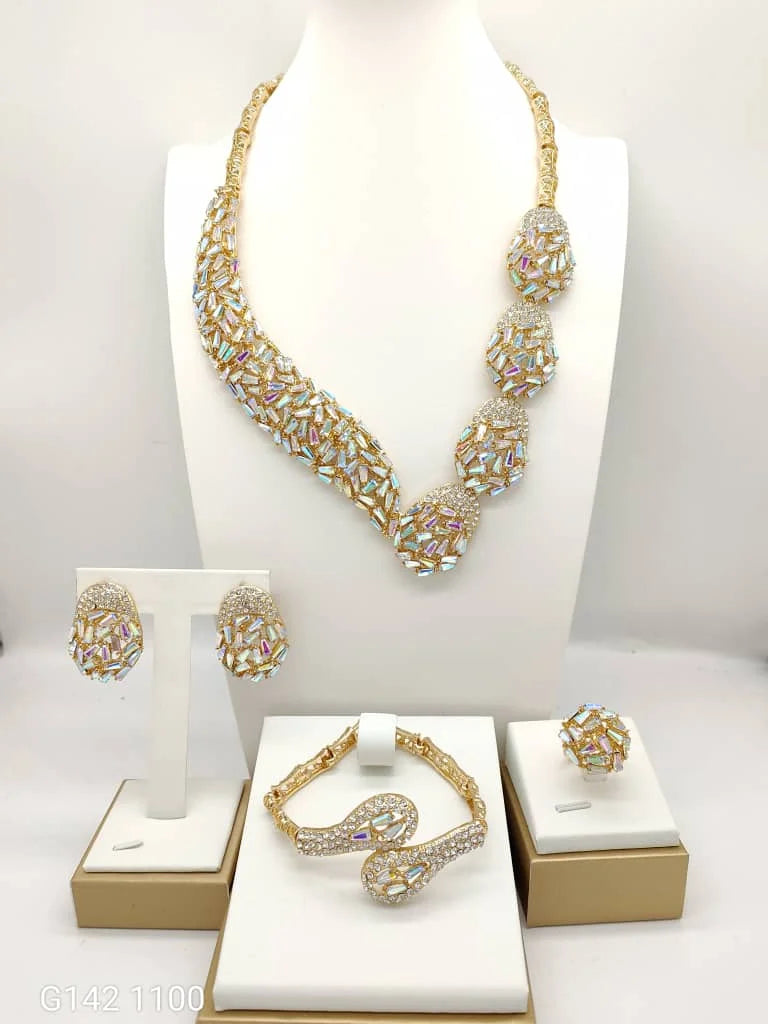 Fashion Jewelry Sets for Women Crystal Necklace 18k Gold Plated Luxury Design Bridal Wedding Bracelet Ring Earrings Trend 2025