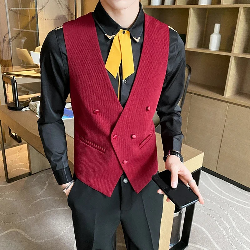 High End V-Neck Solid Mens Vest Jacket Korean Fashion Double Breasted Slim Fit Gilet Homme Brand Business Men Suit Waistcoat 5XL