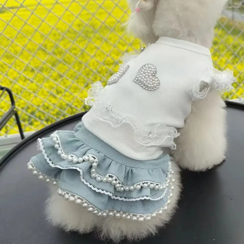 Pet Clothes For Small Dogs Cats, Puff Sleeve Lace Blouse Denim Skirt Cute Puppy Kitten Daily Outfit