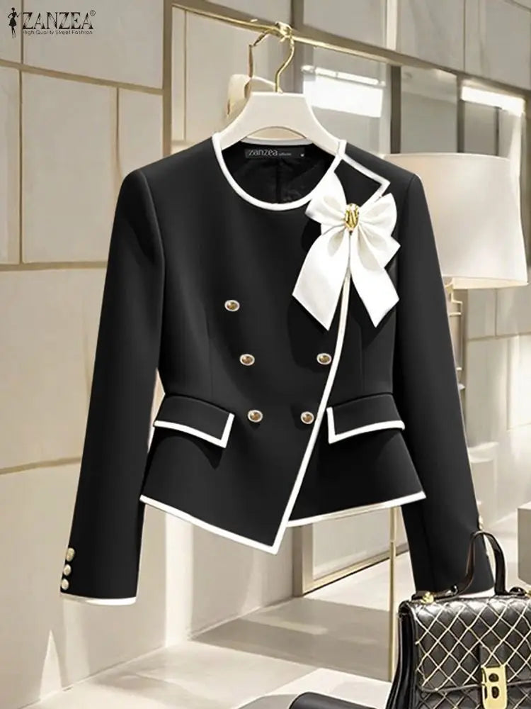 ZANZEA Elegant Blazer Autumn Double Breasted Long Sleeve Coats Women Fashion Bow Office Outerwear 2025 Casual Street Jackerts