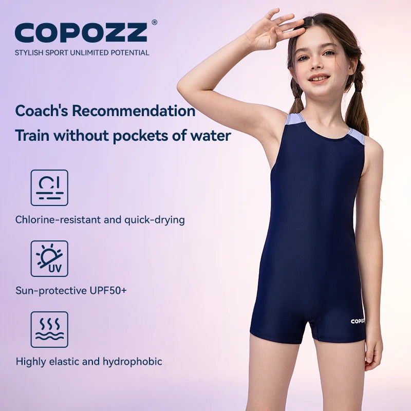 COPOZZ Solid Kids Swimwear Girls Summer One-piece Slim Quick-drying Swimsuit Fashion Hollow Out Sleeveless Children Beachwear