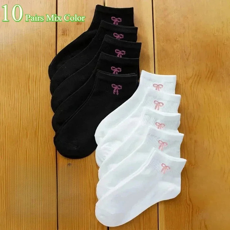 Women's Cute Bow Printed Black White Socks Spring Autumn Sweat Absorbing Breathable Soft Comfortable Casual Socks 5/10 Pairs