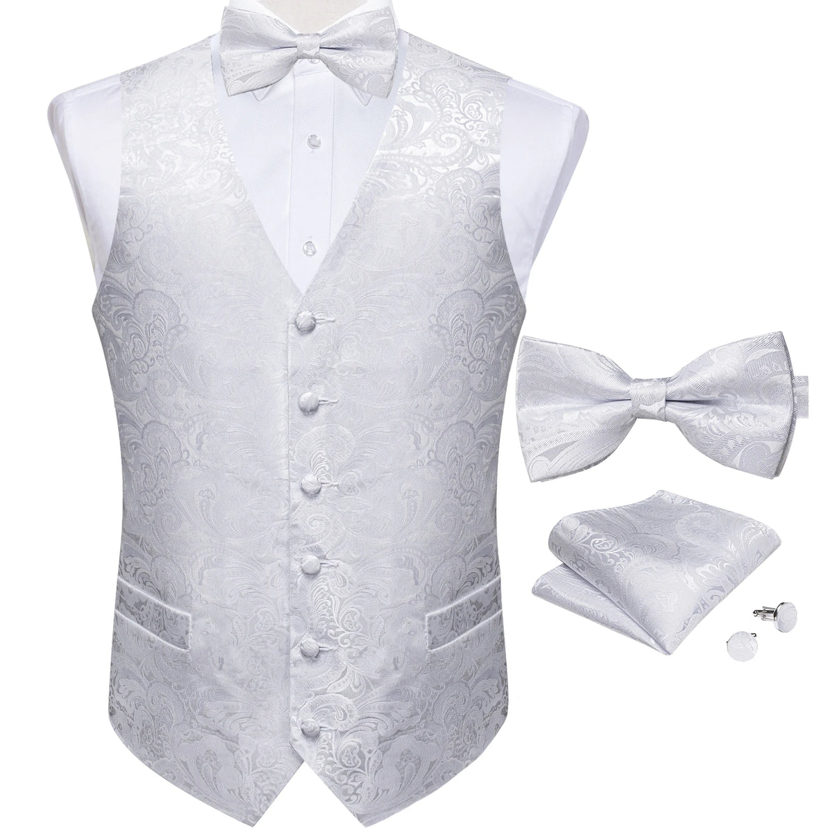 Wedding Classic Red Paisley Dress Vest for Man Fashion V-neck Luxury Men's Business Waistcoat Bowtie Pocket Square Cufflinks Set