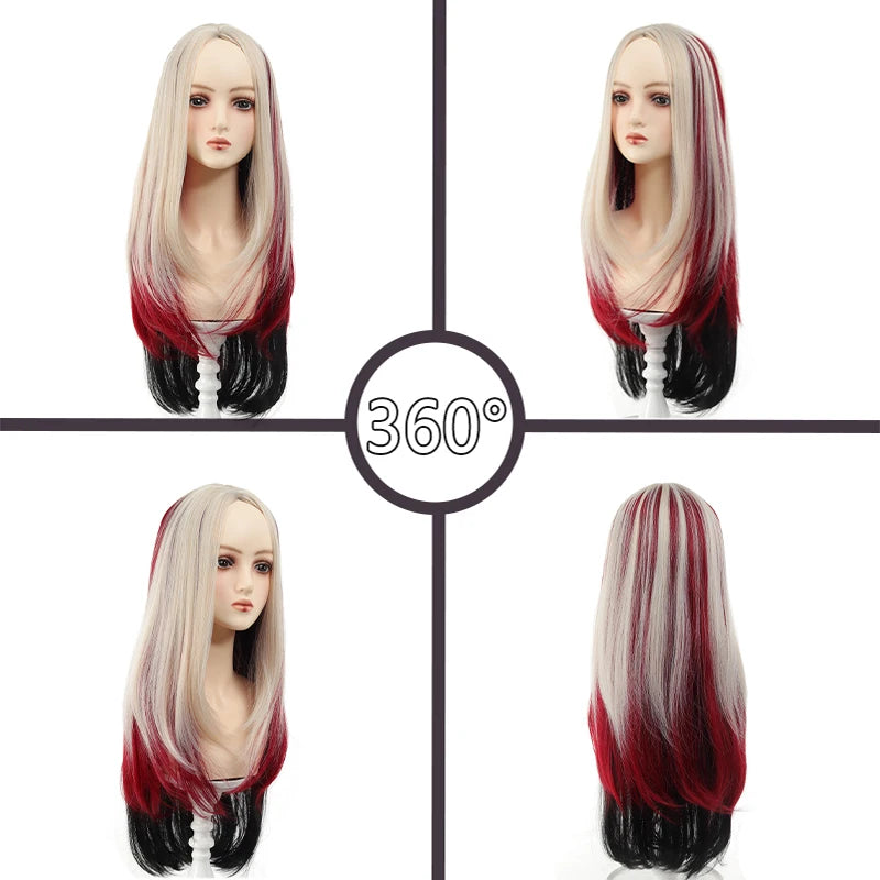 The Woman with a Wig Has a One-Cut Gradient Rainbow-Colored Bob Hairstyle, a Full Head Cover, and Short Collarbone Hair
