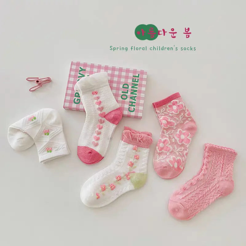 5 Pairs Kids Pink Socks Set Summer Floral Design Comfortable Half Socks Sweet Princess Child Girls Fashion Footwear