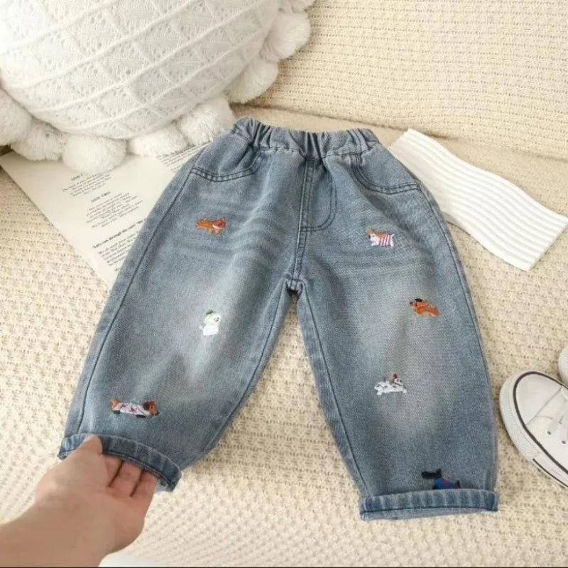 2025 Autumn Kids Pants Cartoon Embroidery Boys Loose Jeans Soft Casual Denim Trousers Children Outwear Girls Pants For 2-7 Years
