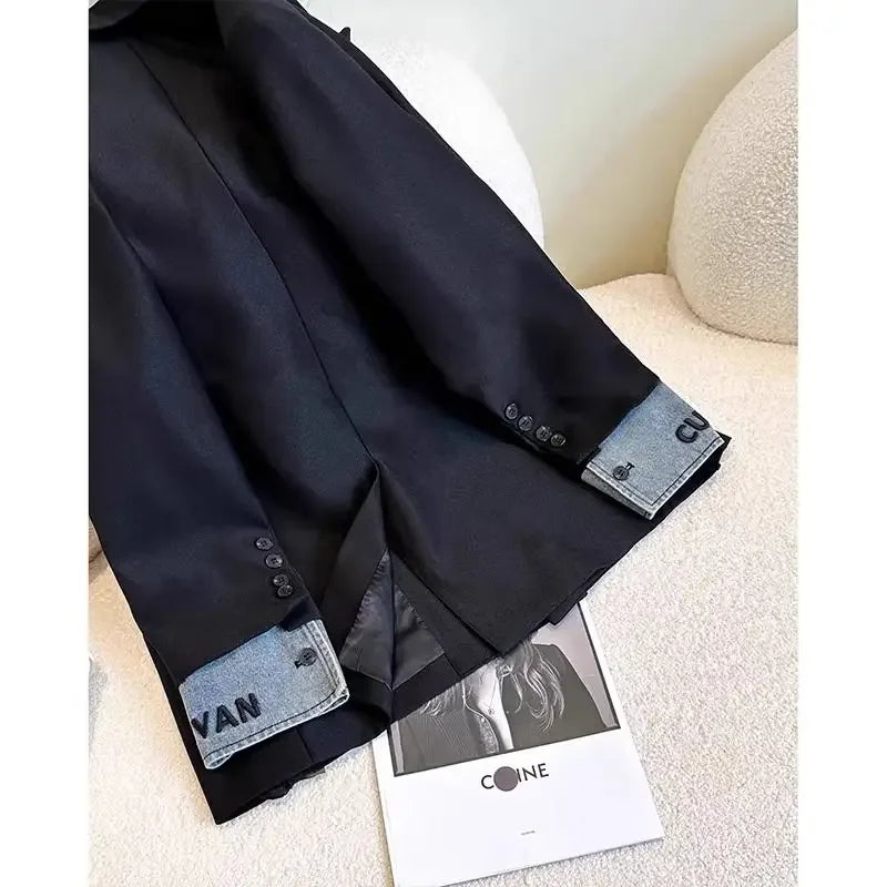 Korean Fashion Clothing High end Black Suit Jacket for Women Autumn American Casual Loose Splicing Commuter Blazers Women Top