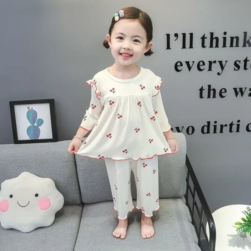 Summer Children's Pajama Sets for 1-9 Years Baby Girls Clothes Suit Cute Floral Ice Silk Kids Clothes Top+Pants Pajamas for Kids