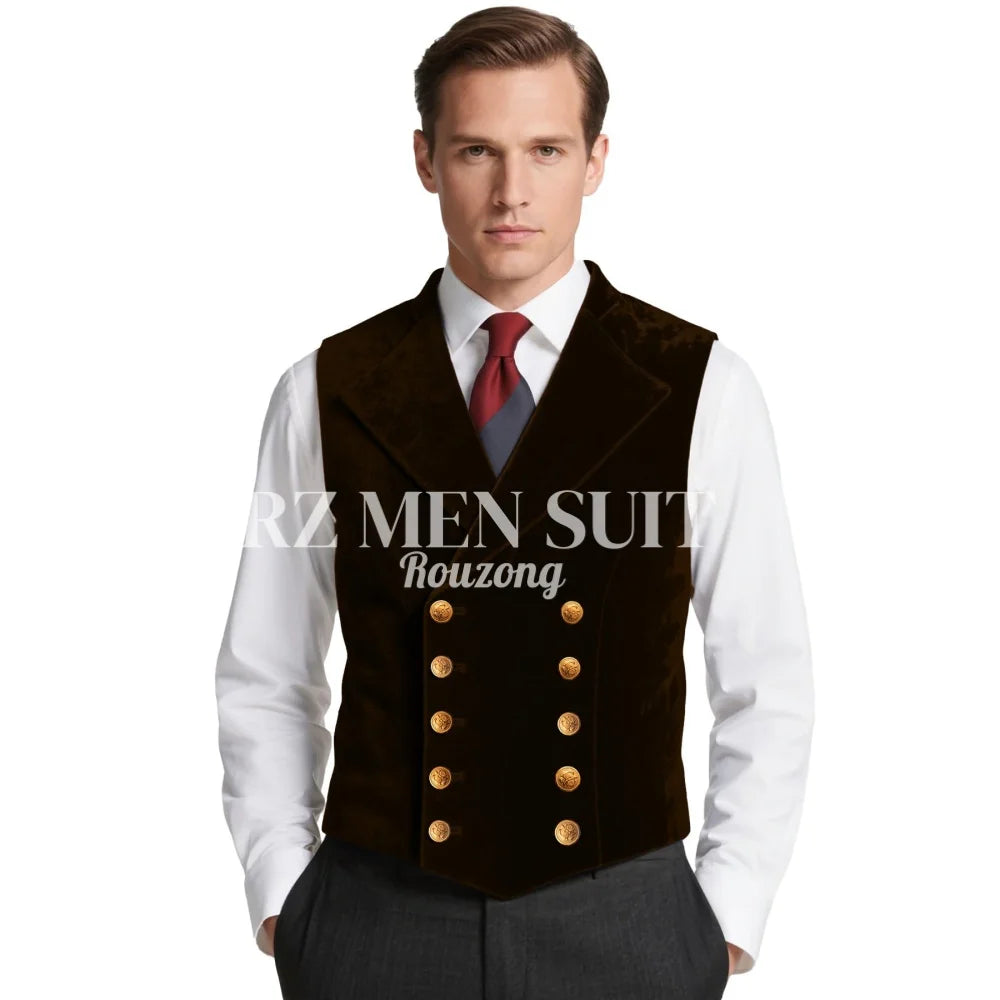 Mens Velvet Suit Vest Retro Lapel Double Breasted Tuxedo Vests Victorian Formal Waistcoat chaleco hombre