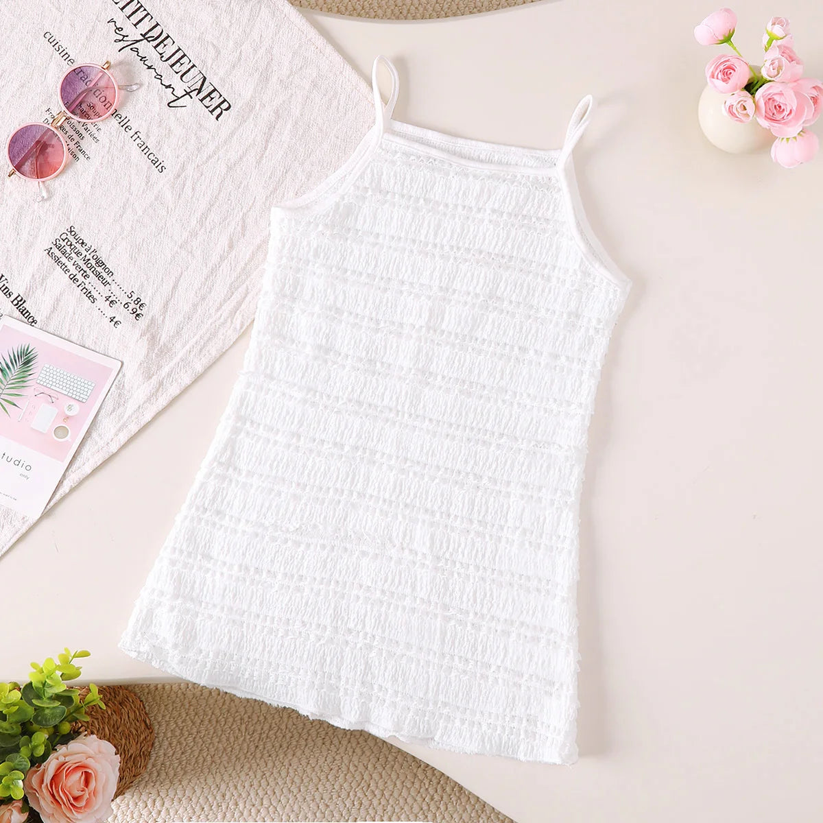 Kid Girls' Dress Comfortable Solid Color Ruffle Strap Dress Suitable for 1-6 Year Old Girls Summer Casual Dress