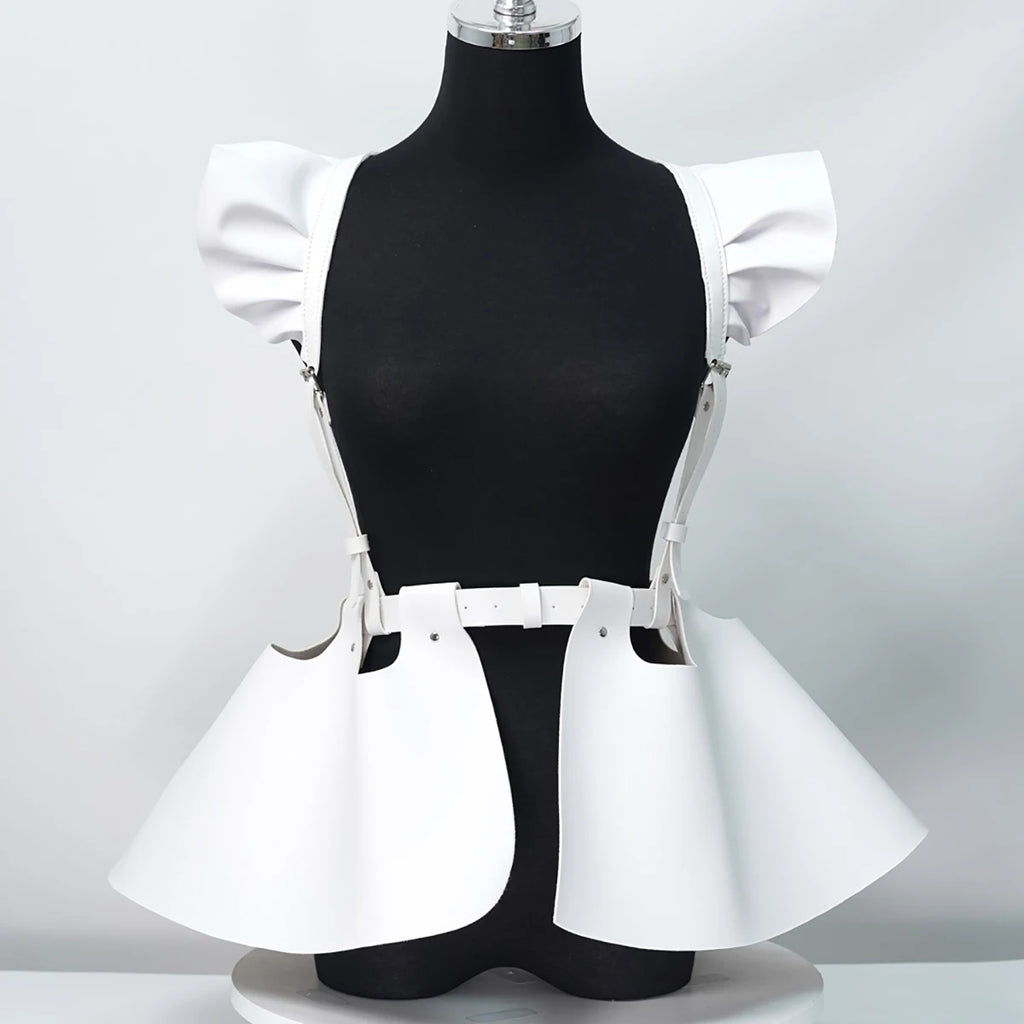 Women's Fashion Leather Body Harness Belt Skirt With Ruffle Hem Gothic Style Waist &Shoulder Belt Clothing Accessory
