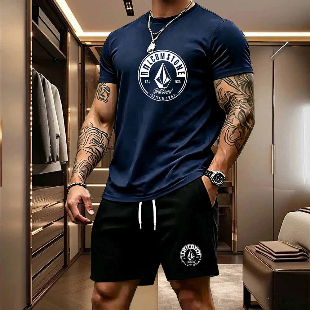 Men's Casual Sportswear 2-piece Set Classic Short Sleeved T-shirt+drawstring Pocket Shorts Street Skateboarding Outdoor Outfit