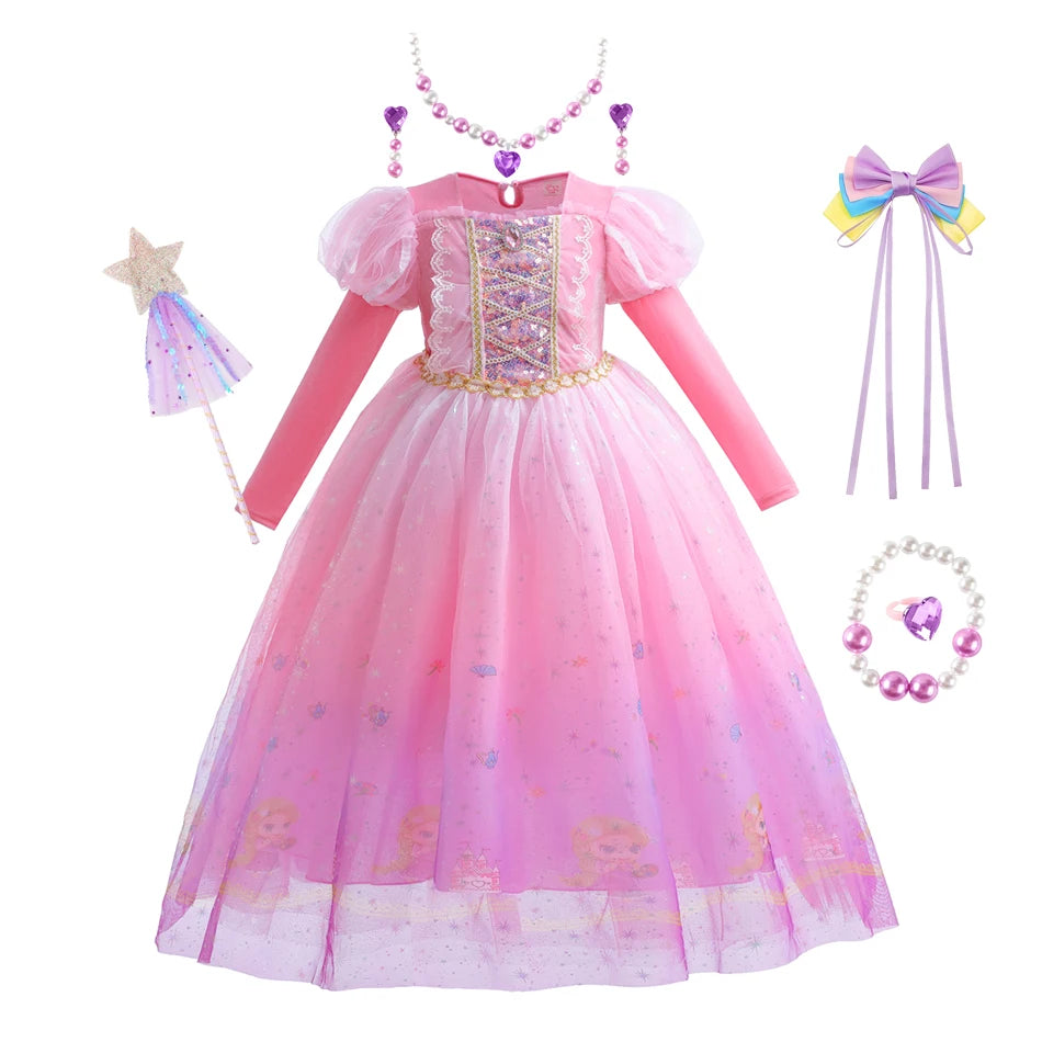 Girls Princess Pink Dress Children Rapunzel Pink Clothing Girls Spring Autumn and Winter Velvet Dress Kids Stage Performs Clothe