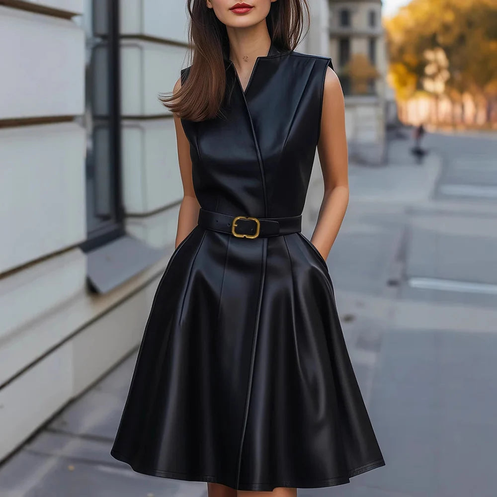 Women Pu Leather Midi Dress Elegant Solid V-Neck Sleeveless High Waist With Belt High Street Dress Chic Business Office Dresses