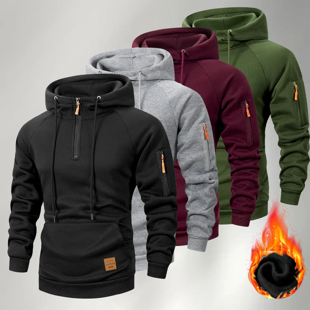 Men's Half Zipper Casual Hooded Collar Drawstring Hoodies Running Warm Sweatshirt Long Sleeve Outdoor Streetwear Fleece Pullover