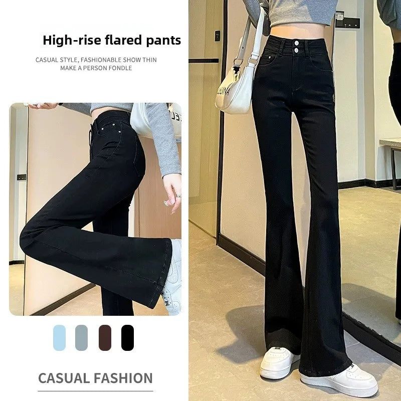 High Waist Slim Fit Flare Jeans Women's Spring Summer 2024 New Sle Double Bule e ey Cotton Stretch Denim Pants