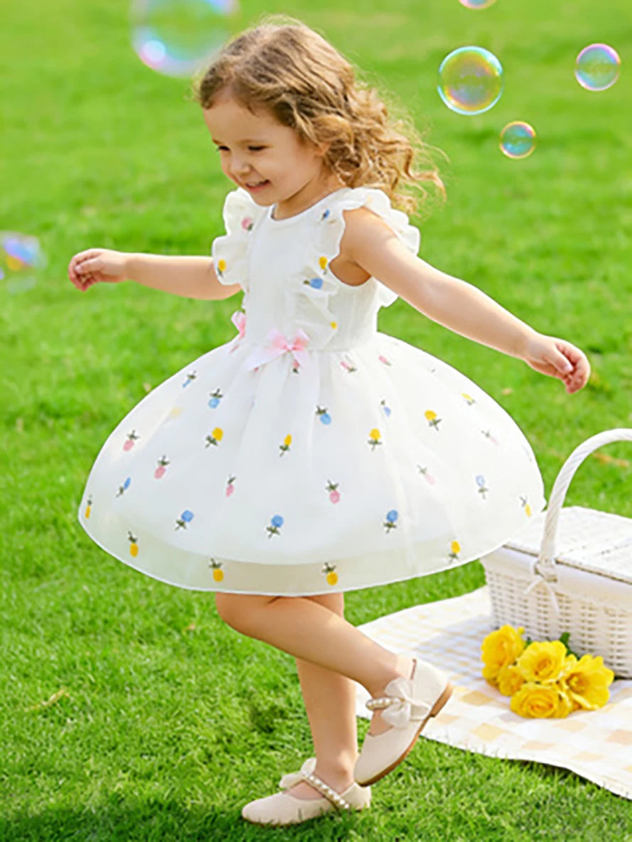 Kids' Forest-Style Flutter Sleeve Tulle Tutu Dress, Girls' Summer Fresh Fruit Print Dress